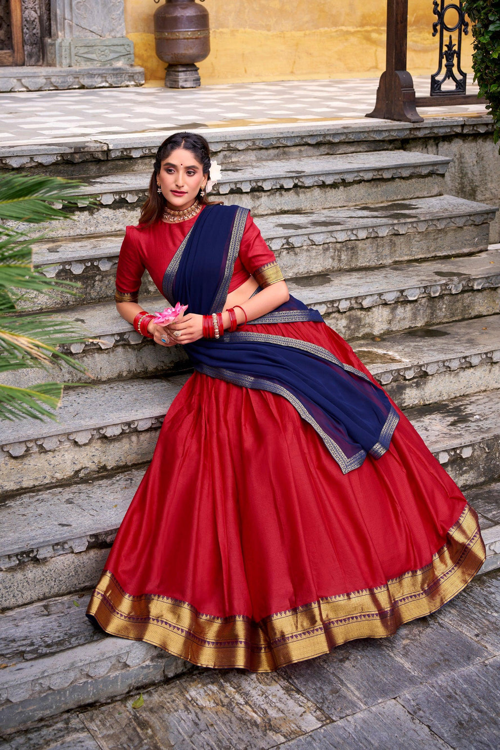 Lorenvalley Fashion Red Poly Cotton Zari Weaving Work Lehenga Choli with Dupatta | Grocsy