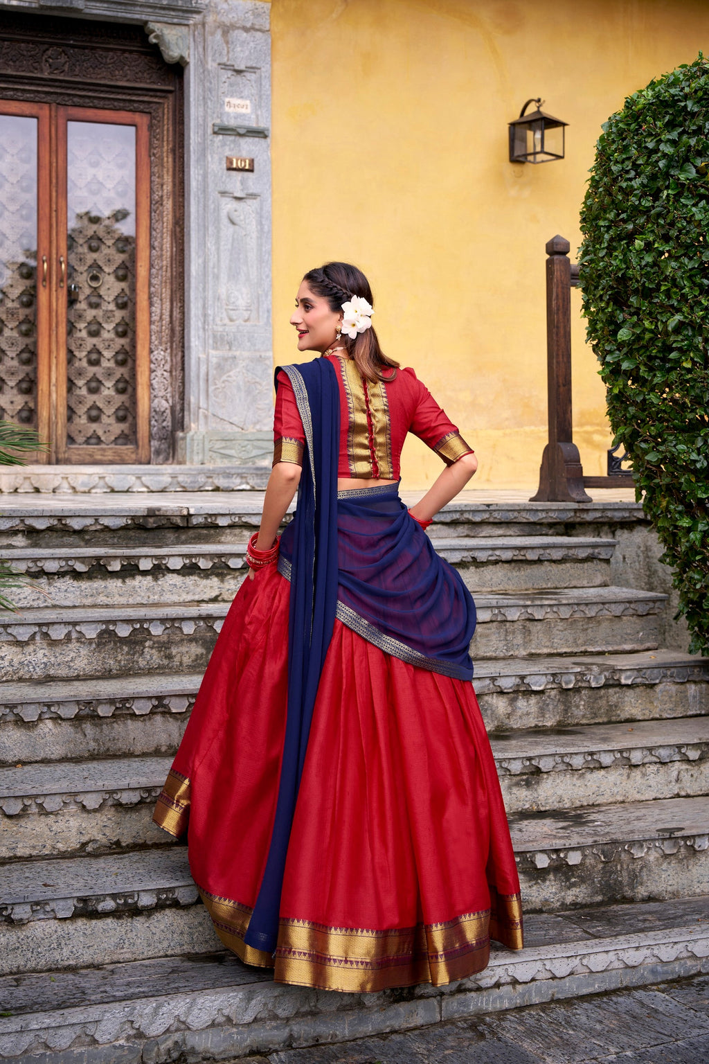 Lorenvalley Fashion Red Poly Cotton Zari Weaving Work Lehenga Choli with Dupatta | Grocsy