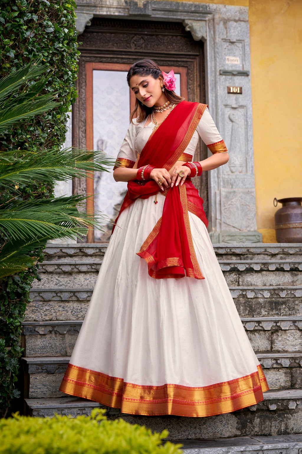 Lorenvalley Fashion White Poly Cotton Zari Weaving Work Lehenga Choli with Dupatta | Grocsy