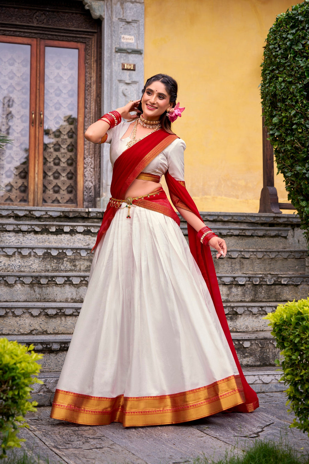 Lorenvalley Fashion White Poly Cotton Zari Weaving Work Lehenga Choli with Dupatta | Grocsy