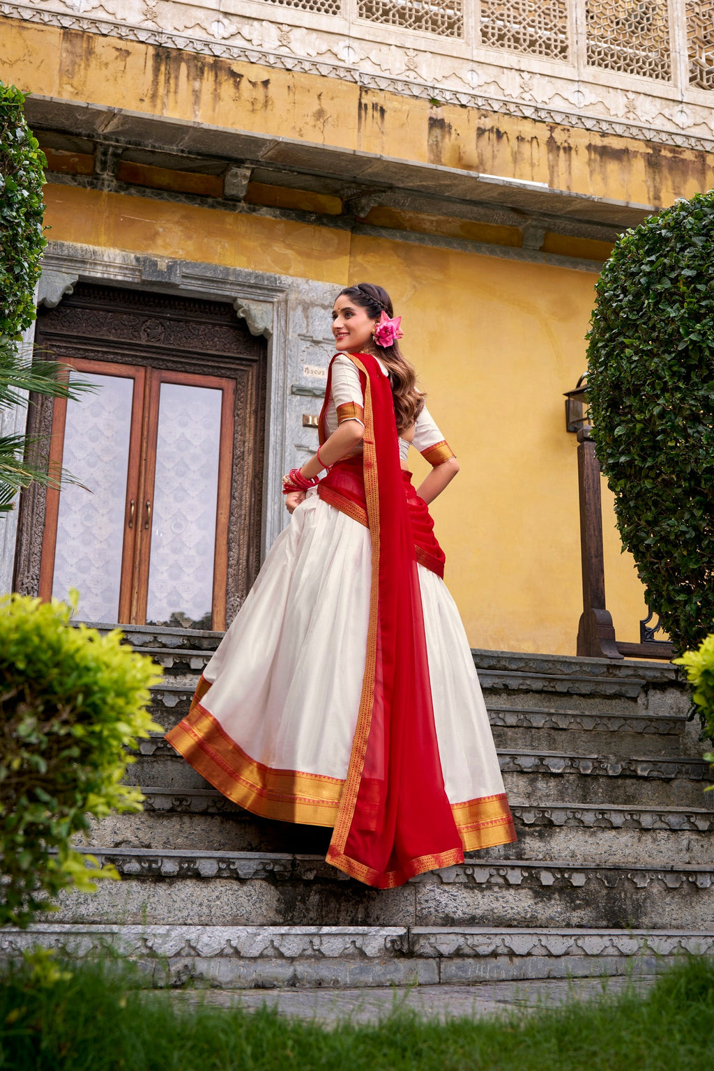 Lorenvalley Fashion White Poly Cotton Zari Weaving Work Lehenga Choli with Dupatta | Grocsy