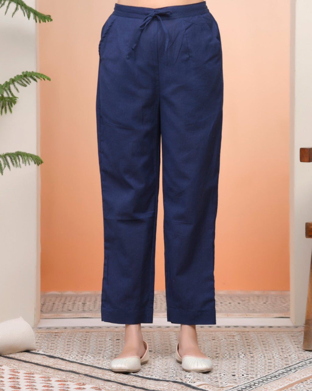 Vaasva Women Royal Blue Cotton Flax Solid Straight Pants | Grocsy