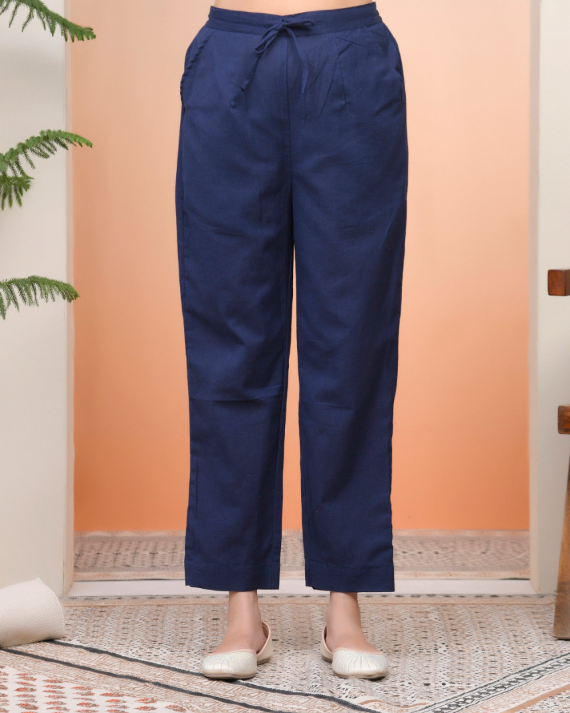 Vaasva Women Royal Blue Cotton Flax Solid Straight Pants | Grocsy