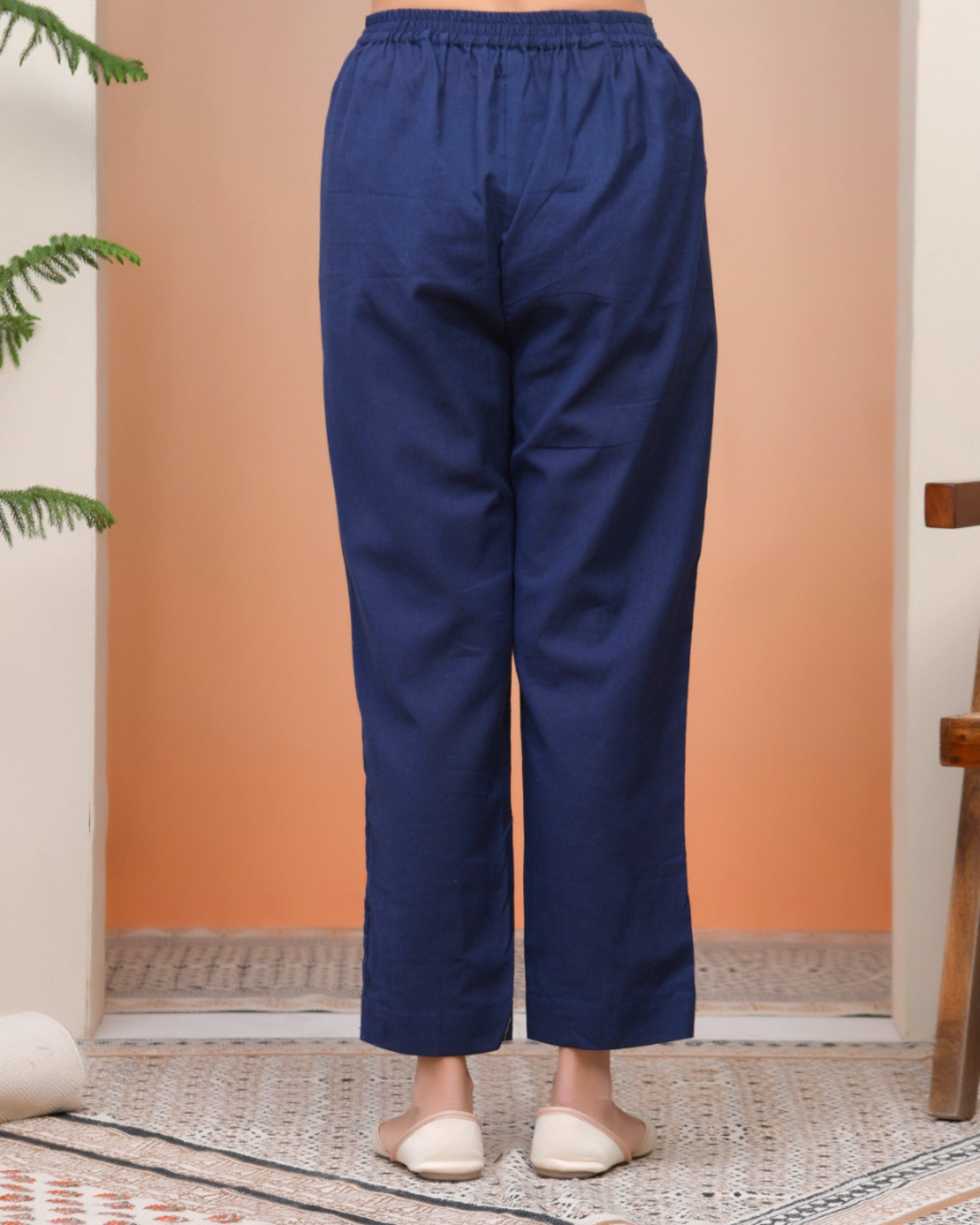 Vaasva Women Royal Blue Cotton Flax Solid Straight Pants | Grocsy