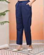 Vaasva Women Royal Blue Cotton Flax Solid Straight Pants | Grocsy