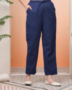 Vaasva Women Royal Blue Cotton Flax Solid Straight Pants | Grocsy