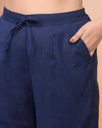 Vaasva Women Royal Blue Cotton Flax Solid Straight Pants | Grocsy