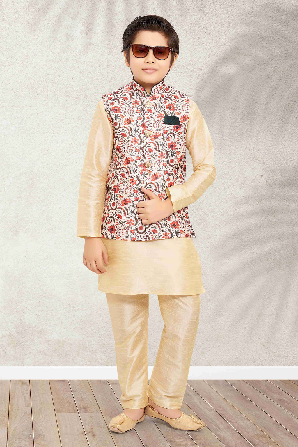 Raivat Ethnic Banarasi Silk Digital Printed Kurta Pajama With Jacket In Cream Colour | Grocsy