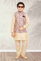 Raivat Ethnic Banarasi Silk Digital Printed Kurta Pajama With Jacket In Cream Colour | Grocsy