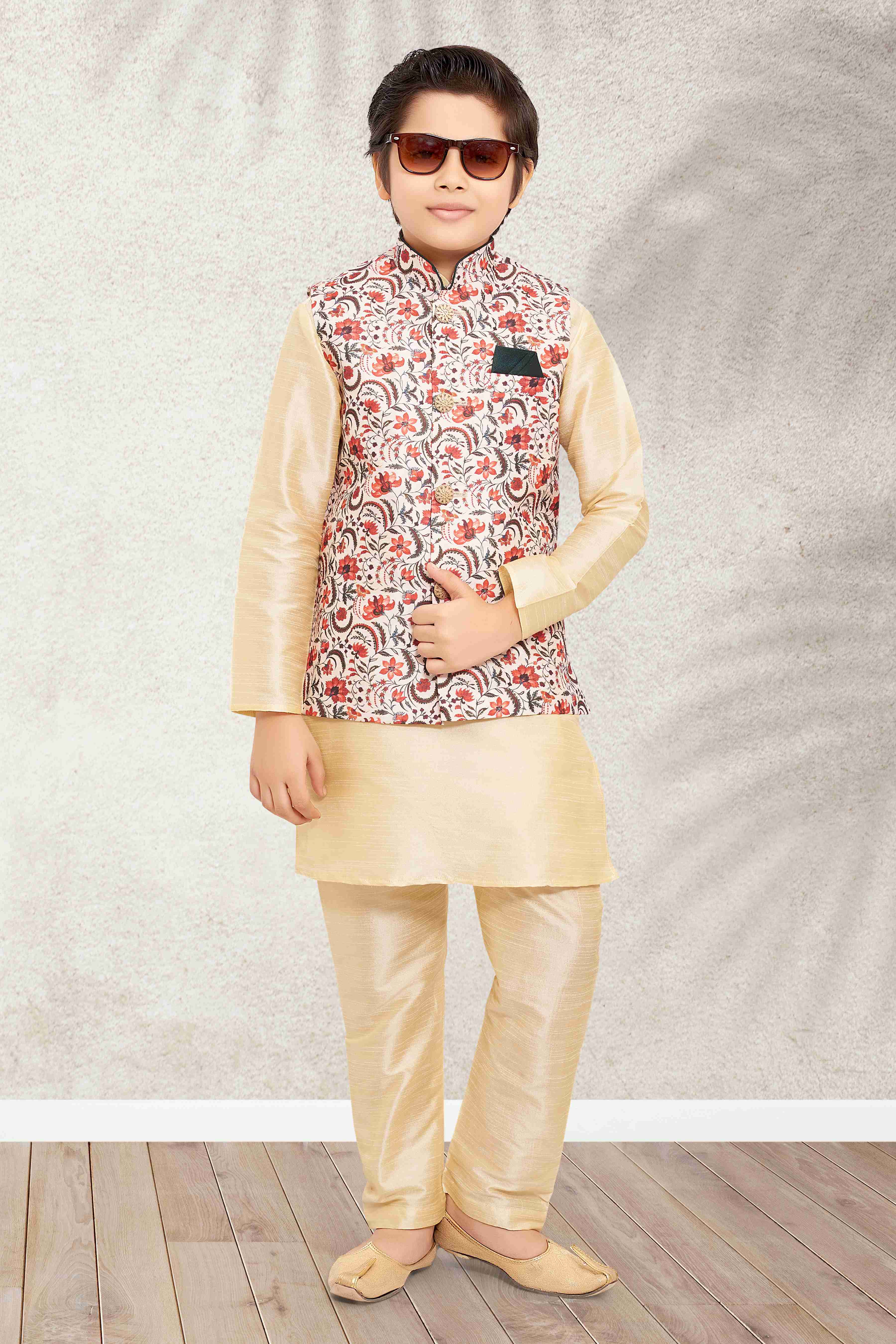 Raivat Ethnic Banarasi Silk Digital Printed Kurta Pajama With Jacket In Cream Colour | Grocsy