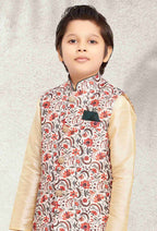 Raivat Ethnic Banarasi Silk Digital Printed Kurta Pajama With Jacket In Cream Colour | Grocsy