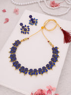Tehzeeb Creations Blue Colour Gold Pleated Stone Studded Necklace With Earrings | Grocsy
