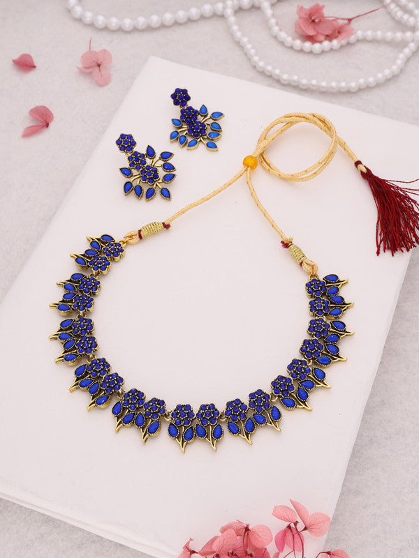 Tehzeeb Creations Blue Colour Gold Pleated Stone Studded Necklace With Earrings | Grocsy