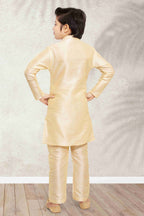 Raivat Ethnic Banarasi Silk Digital Printed Kurta Pajama With Jacket In Cream Colour | Grocsy