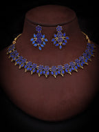 Tehzeeb Creations Blue Colour Gold Pleated Stone Studded Necklace With Earrings | Grocsy