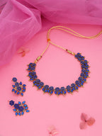 Tehzeeb Creations Blue Colour Gold Pleated Stone Studded Necklace With Earrings | Grocsy