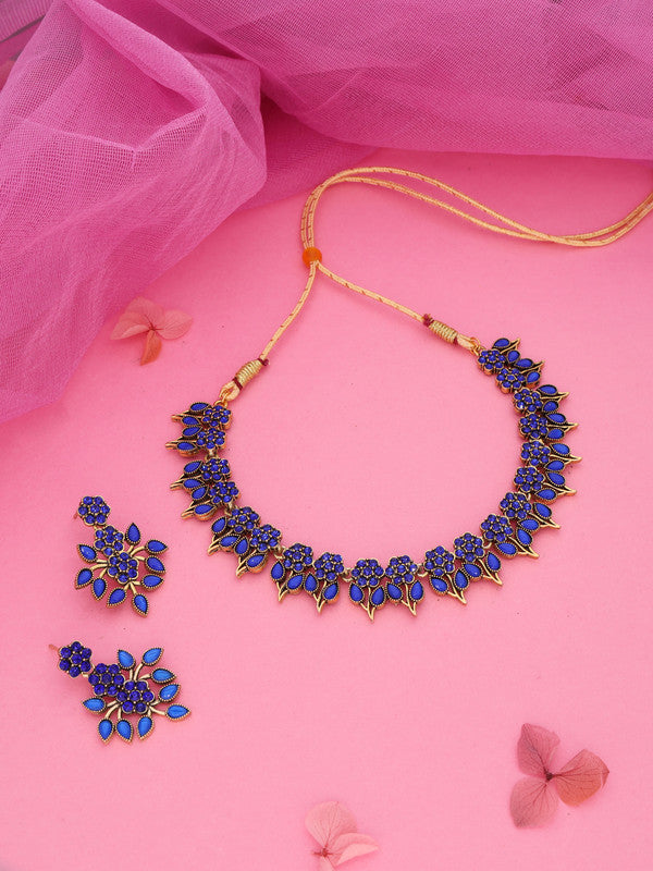 Tehzeeb Creations Blue Colour Gold Pleated Stone Studded Necklace With Earrings | Grocsy