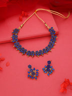Tehzeeb Creations Blue Colour Gold Pleated Stone Studded Necklace With Earrings | Grocsy