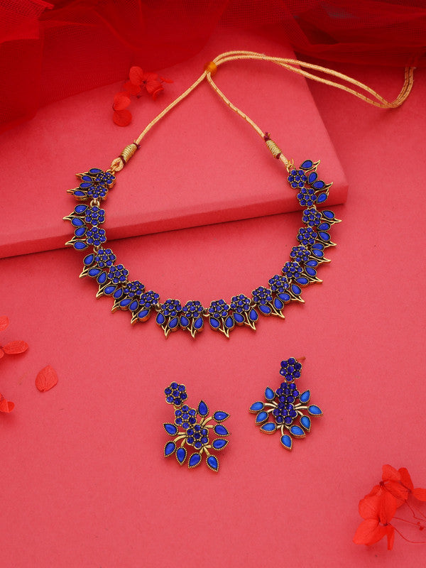 Tehzeeb Creations Blue Colour Gold Pleated Stone Studded Necklace With Earrings | Grocsy