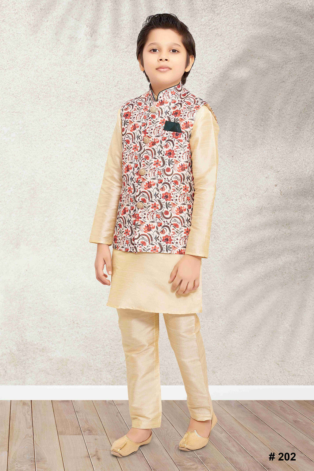 Raivat Ethnic Banarasi Silk Digital Printed Kurta Pajama With Jacket In Cream Colour | Grocsy