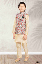 Raivat Ethnic Banarasi Silk Digital Printed Kurta Pajama With Jacket In Cream Colour | Grocsy