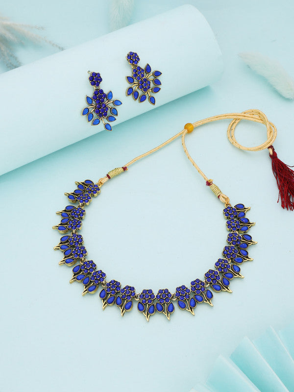 Tehzeeb Creations Blue Colour Gold Pleated Stone Studded Necklace With Earrings | Grocsy