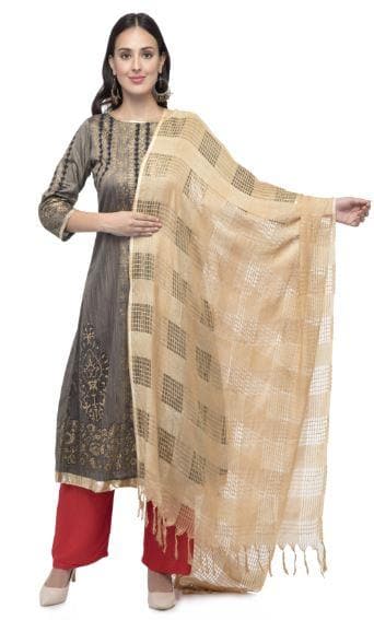 A R Silk Women's Cotton Window Check Golden Dupatta | Grocsy