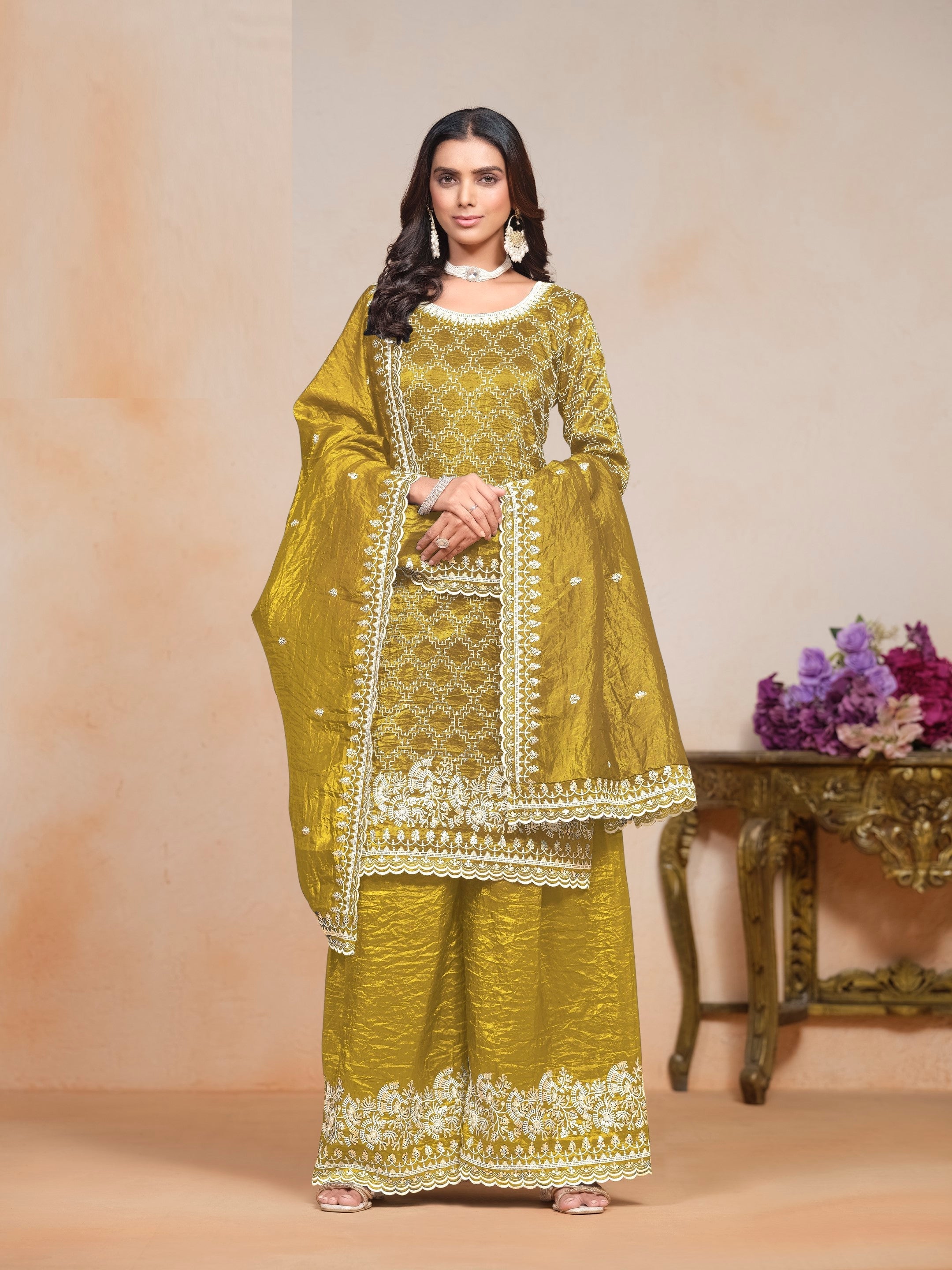 Anaita Mehendi Embroidered Gold Crush Salwar Suit | Grocsy