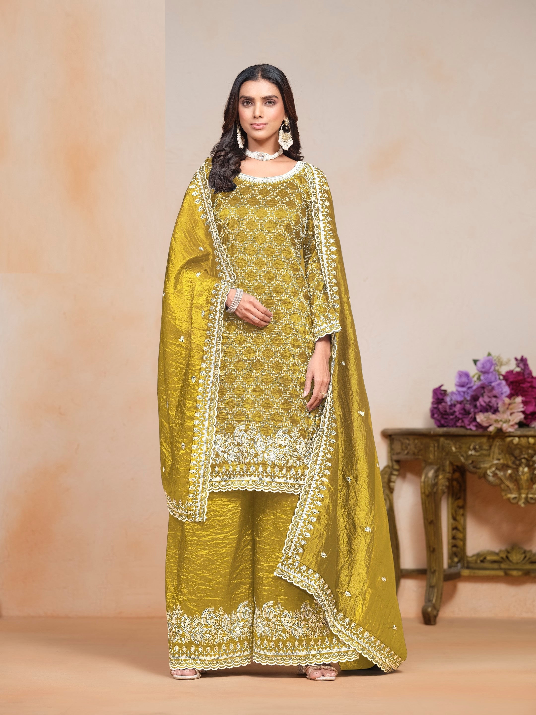 Anaita Mehendi Embroidered Gold Crush Salwar Suit | Grocsy
