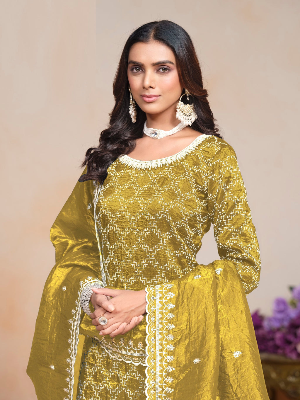 Anaita Mehendi Embroidered Gold Crush Salwar Suit | Grocsy
