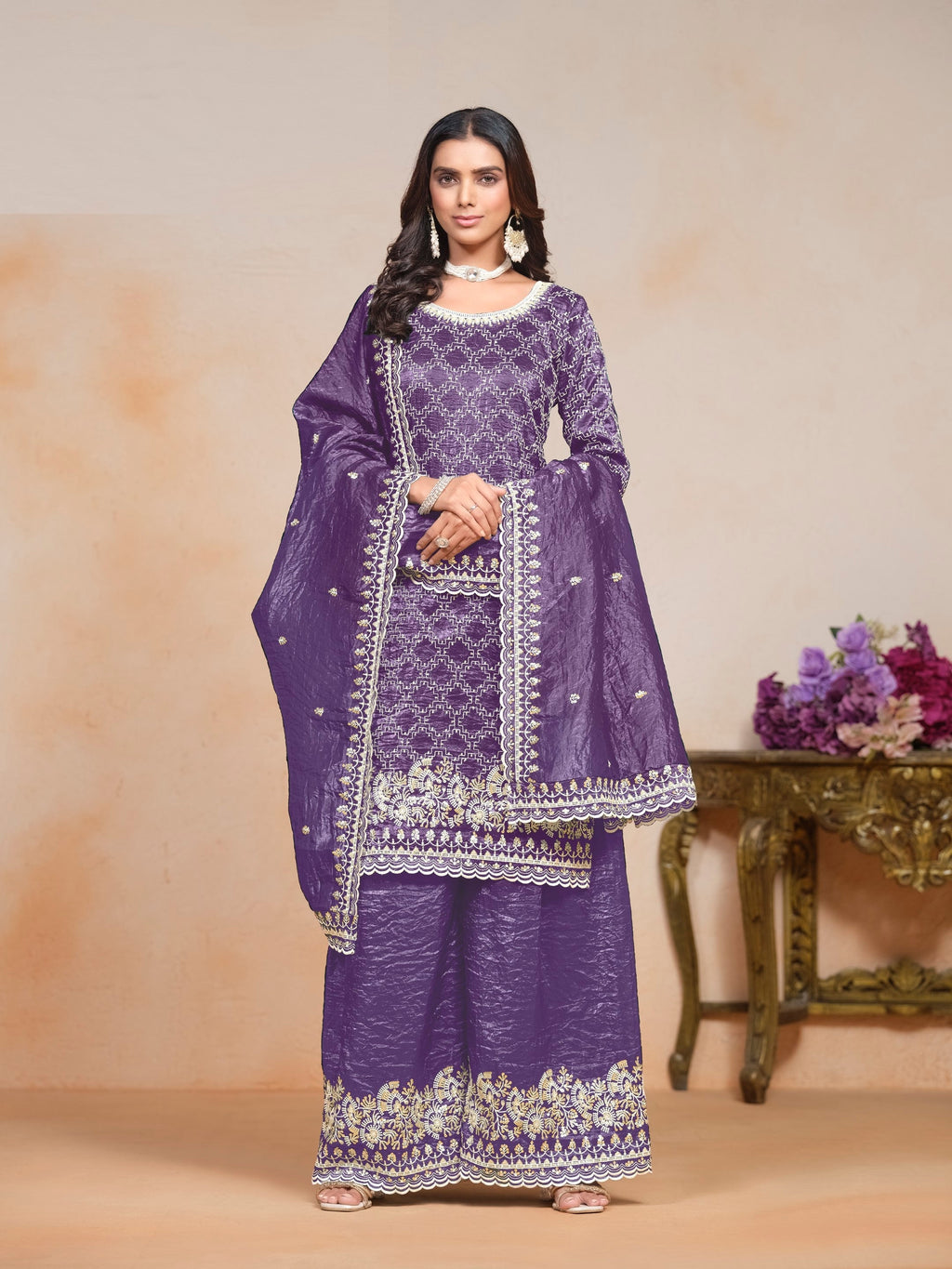 Anaita Lavender Embroidered Gold Crush Salwar Suit | Grocsy