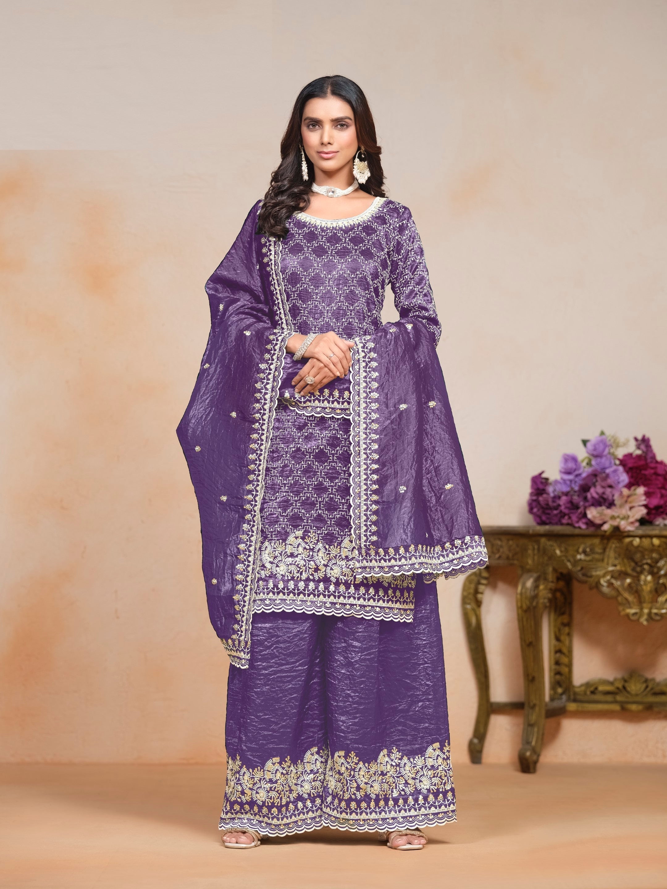 Anaita Lavender Embroidered Gold Crush Salwar Suit | Grocsy
