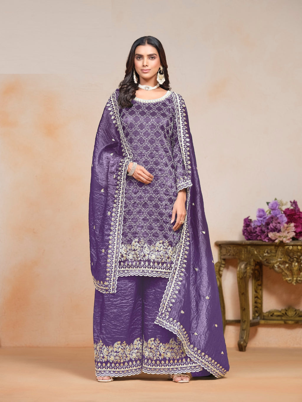 Anaita Lavender Embroidered Gold Crush Salwar Suit | Grocsy