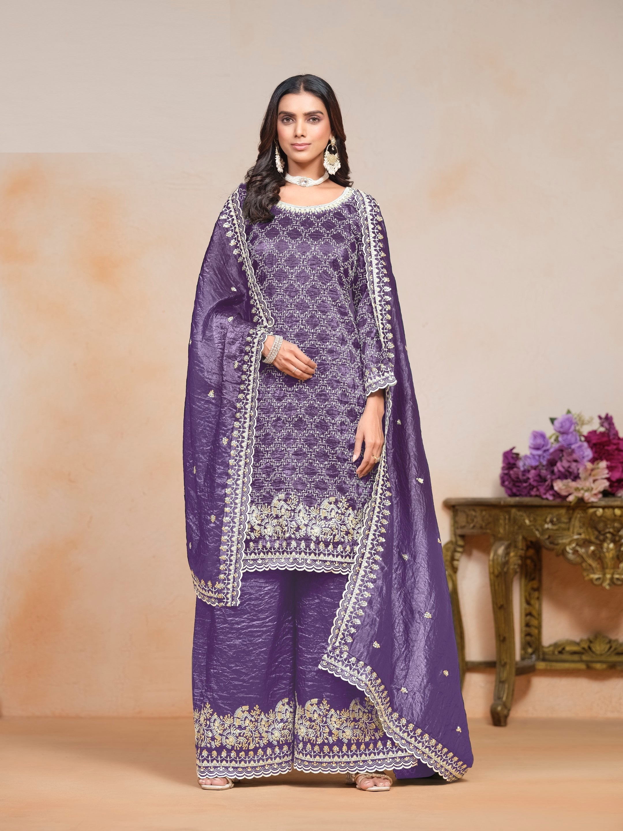 Anaita Lavender Embroidered Gold Crush Salwar Suit | Grocsy