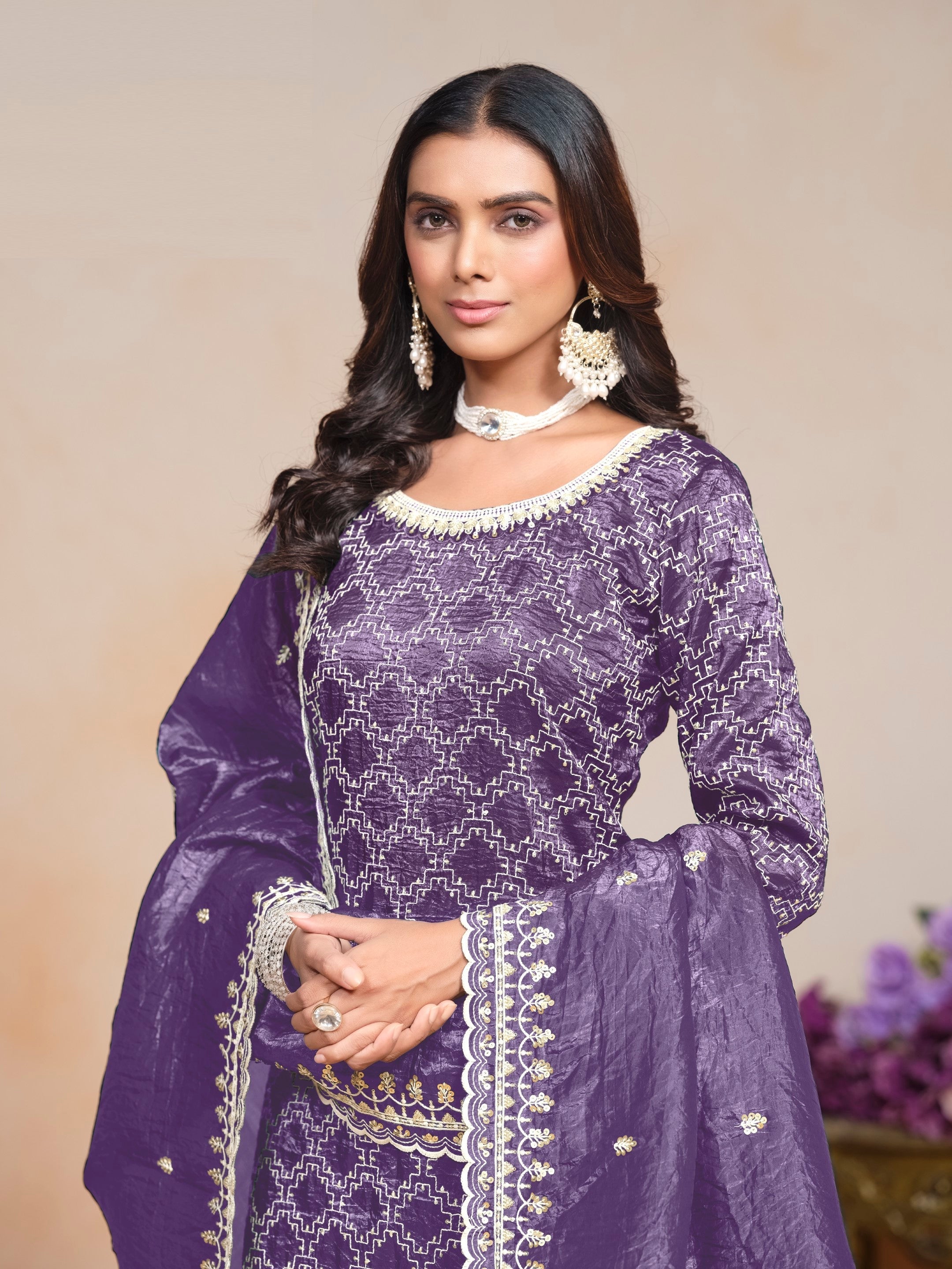 Anaita Lavender Embroidered Gold Crush Salwar Suit | Grocsy