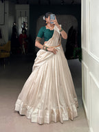 Lorenvalley Fashion White Poly Tasar Viscose Border Lehenga Choli with Dupatta | Grocsy
