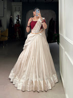Lorenvalley Fashion White Poly Tasar Viscose Border Lehenga Choli with Dupatta | Grocsy