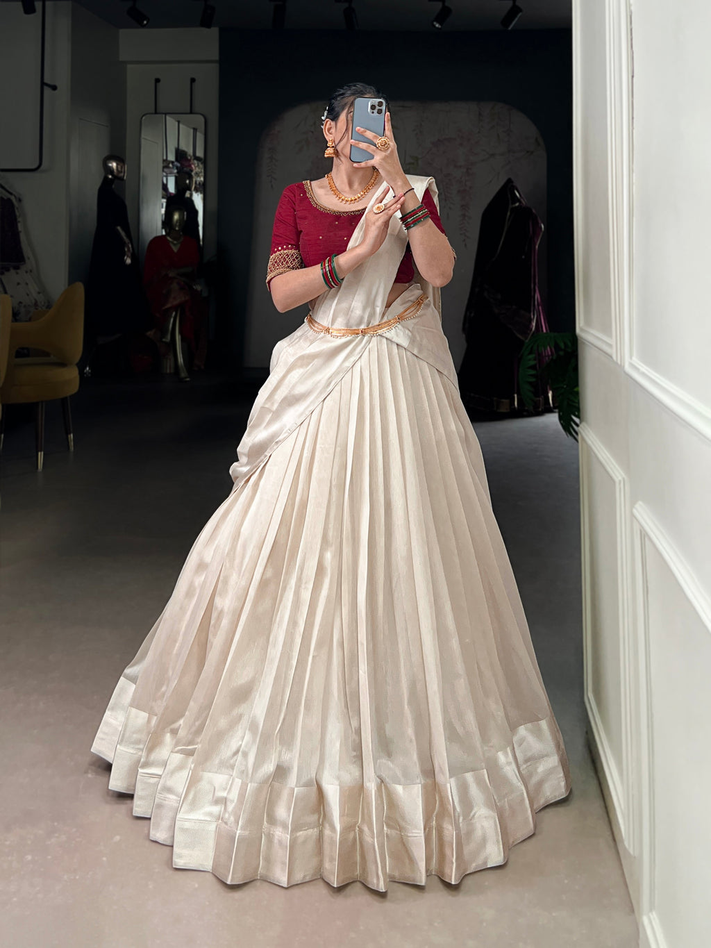 Lorenvalley Fashion White Poly Tasar Viscose Border Lehenga Choli with Dupatta | Grocsy