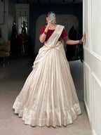 Lorenvalley Fashion White Poly Tasar Viscose Border Lehenga Choli with Dupatta | Grocsy