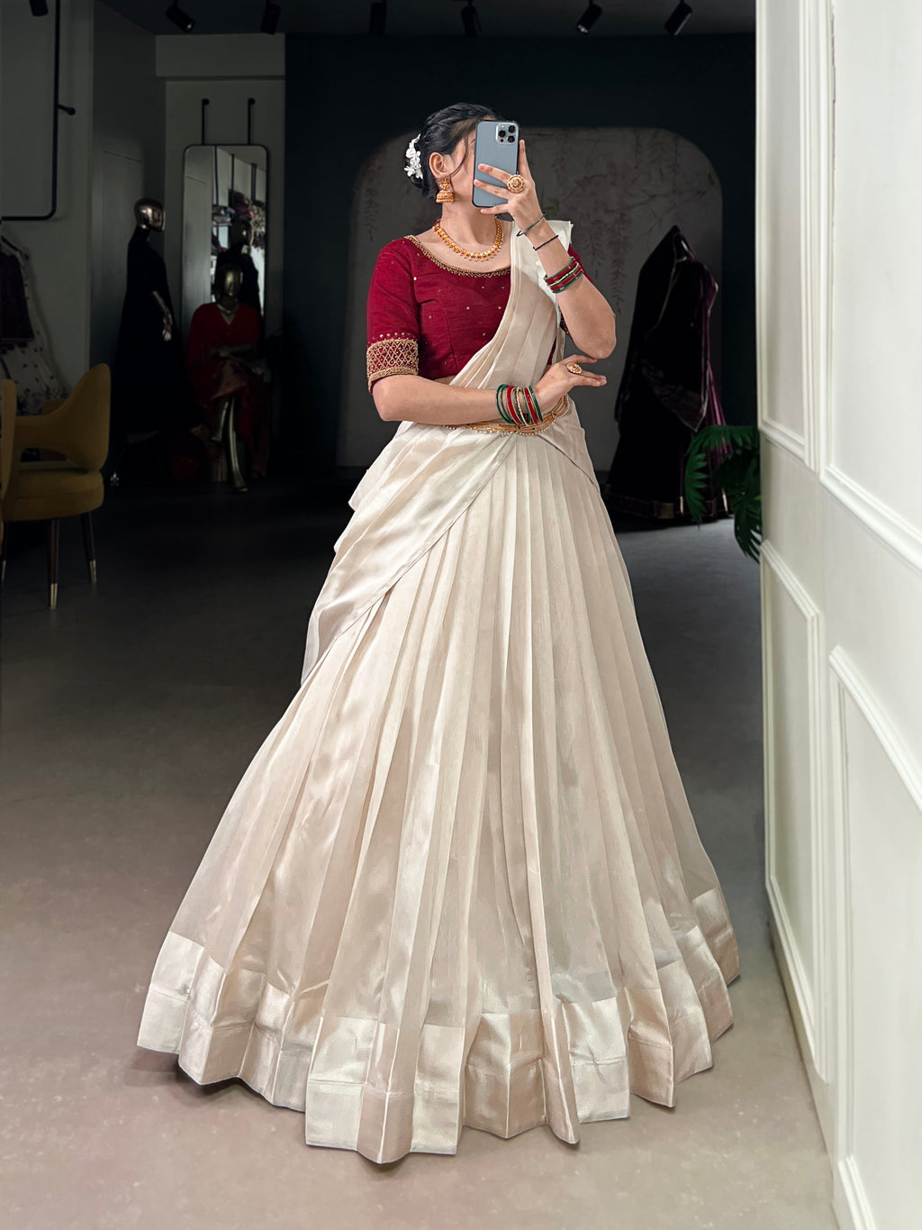 Lorenvalley Fashion White Poly Tasar Viscose Border Lehenga Choli with Dupatta | Grocsy