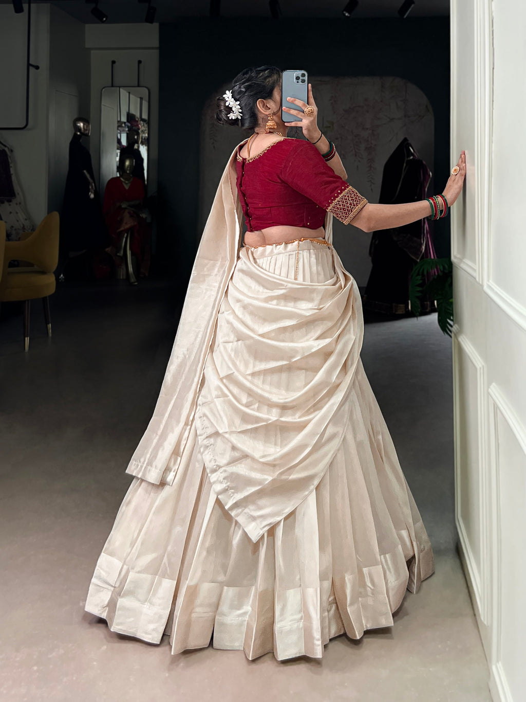 Lorenvalley Fashion White Poly Tasar Viscose Border Lehenga Choli with Dupatta | Grocsy