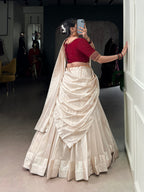 Lorenvalley Fashion White Poly Tasar Viscose Border Lehenga Choli with Dupatta | Grocsy