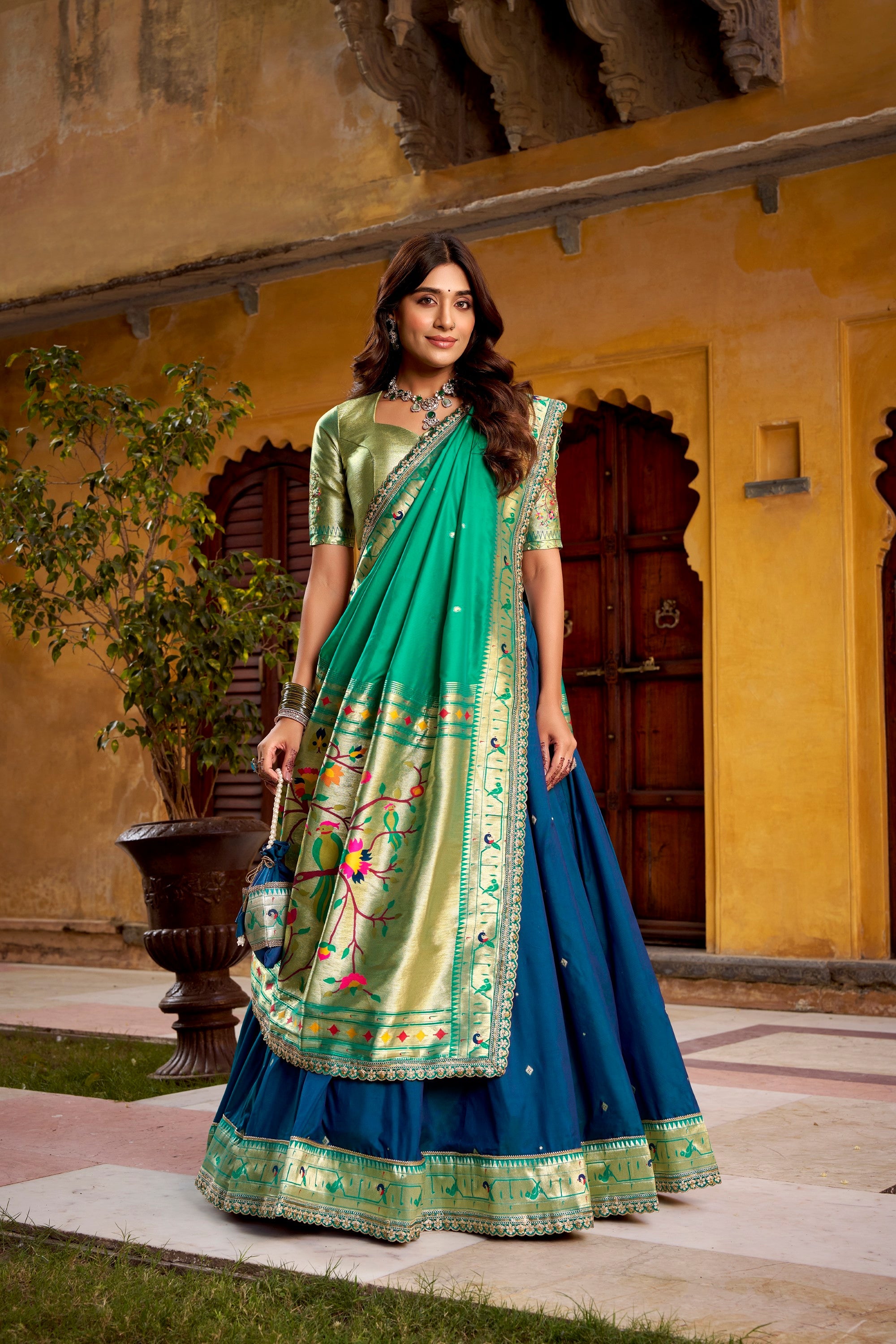 Lorenvalley Fashion Navy Blue Soft Silk Paithani Zari Weaving Work With Sequins and Thread Embroidery Scallop Lace Border Lehenga Choli with Dupatta | Grocsy