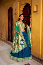 Lorenvalley Fashion Navy Blue Soft Silk Paithani Zari Weaving Work With Sequins and Thread Embroidery Scallop Lace Border Lehenga Choli with Dupatta | Grocsy