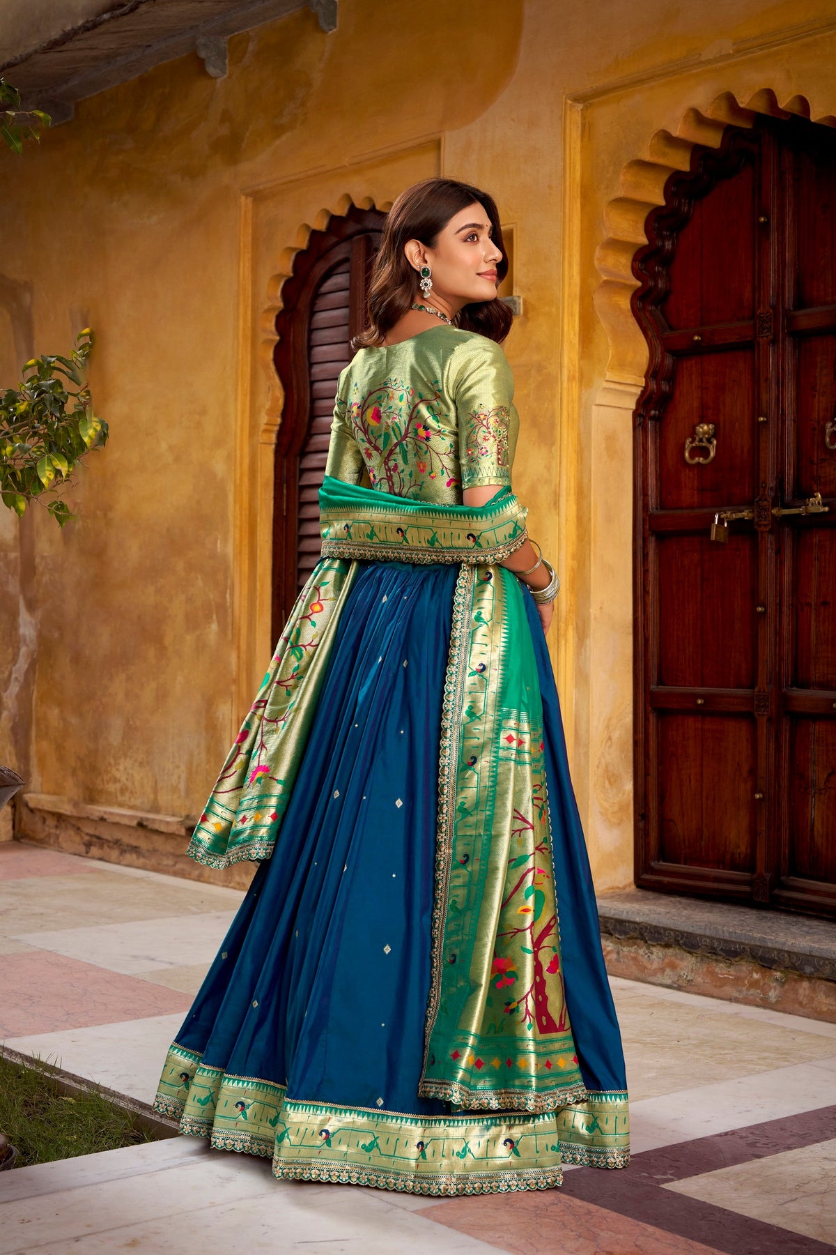 Lorenvalley Fashion Navy Blue Soft Silk Paithani Zari Weaving Work With Sequins and Thread Embroidery Scallop Lace Border Lehenga Choli with Dupatta | Grocsy