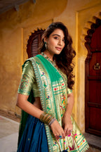 Lorenvalley Fashion Navy Blue Soft Silk Paithani Zari Weaving Work With Sequins and Thread Embroidery Scallop Lace Border Lehenga Choli with Dupatta | Grocsy