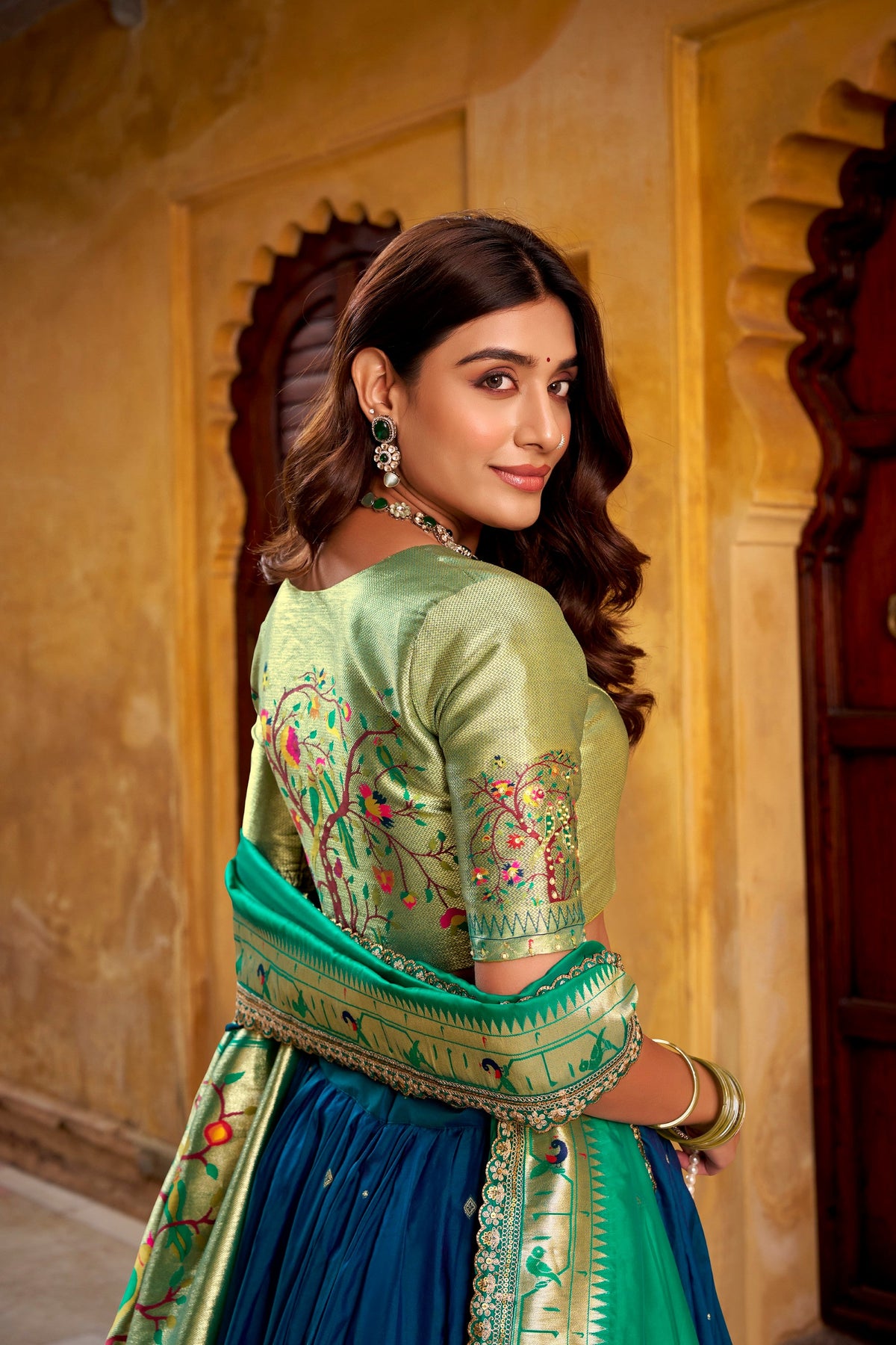 Lorenvalley Fashion Navy Blue Soft Silk Paithani Zari Weaving Work With Sequins and Thread Embroidery Scallop Lace Border Lehenga Choli with Dupatta | Grocsy