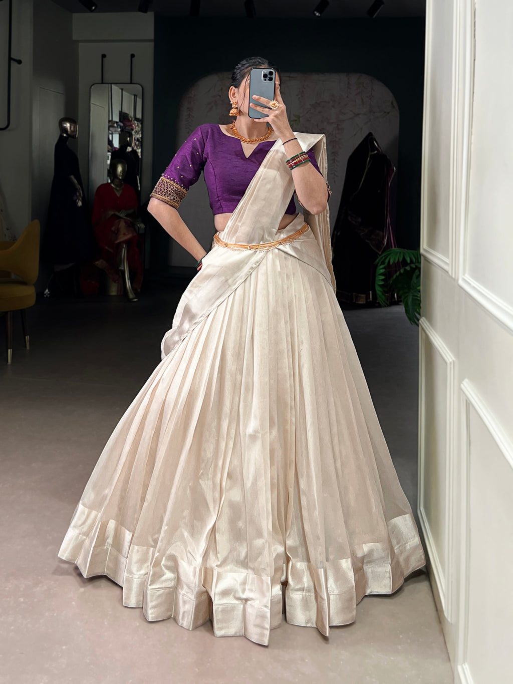 Lorenvalley Fashion White Poly Tasar Viscose Border Lehenga Choli with Dupatta | Grocsy