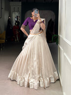 Lorenvalley Fashion White Poly Tasar Viscose Border Lehenga Choli with Dupatta | Grocsy
