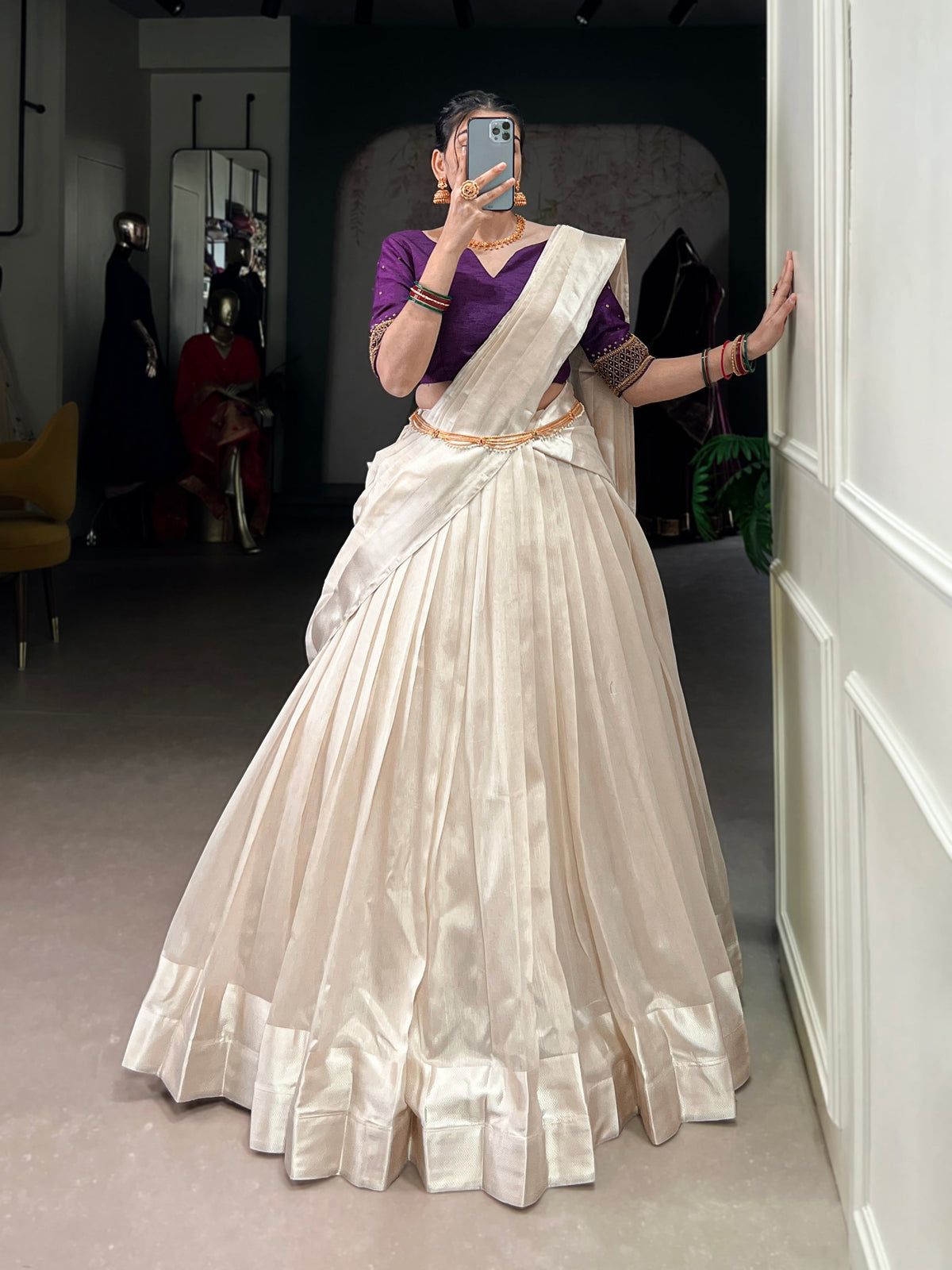 Lorenvalley Fashion White Poly Tasar Viscose Border Lehenga Choli with Dupatta | Grocsy
